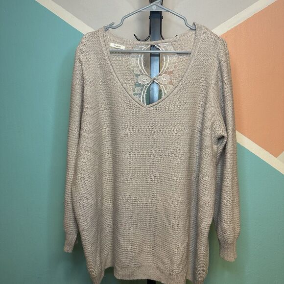 Maurices Tunic Sweater Long Sleeve V-Neck Lace Trim‎ Back Light Peach Size 1 - Picture 1 of 6